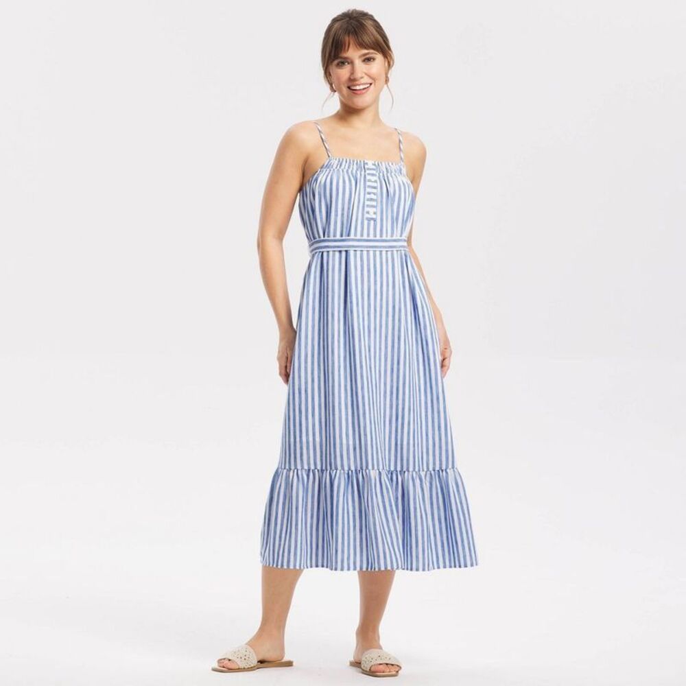 Women's Elastic Neck Tie-Waist Midi Dress - Universal Thread Blue Striped L